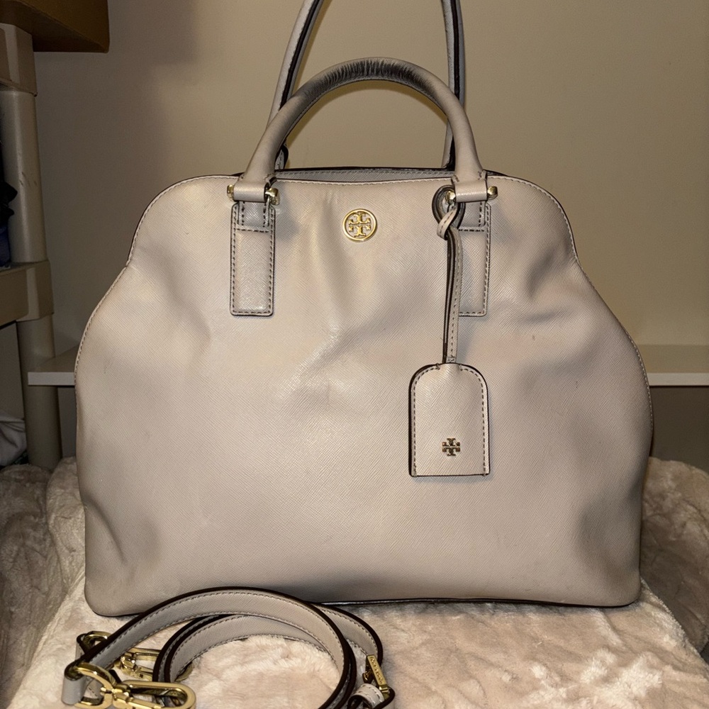 Tory Burch Light Cream Leather Robinson Open Dome satchel with Gold Hardware